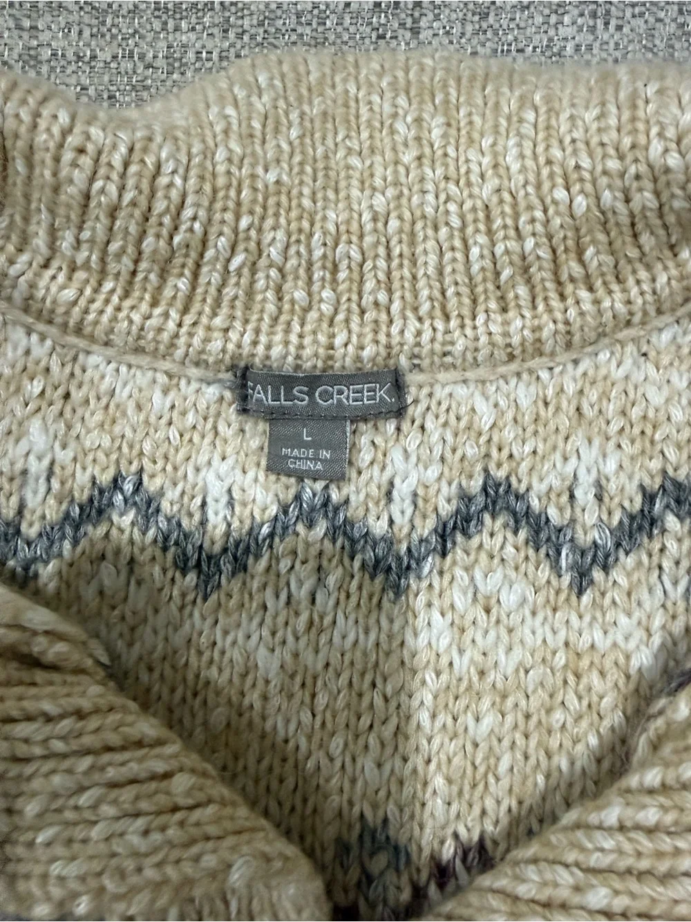 Falls Creek Beige Knit Pullover Sweater L Striped Pattern Long Sleeve Collared